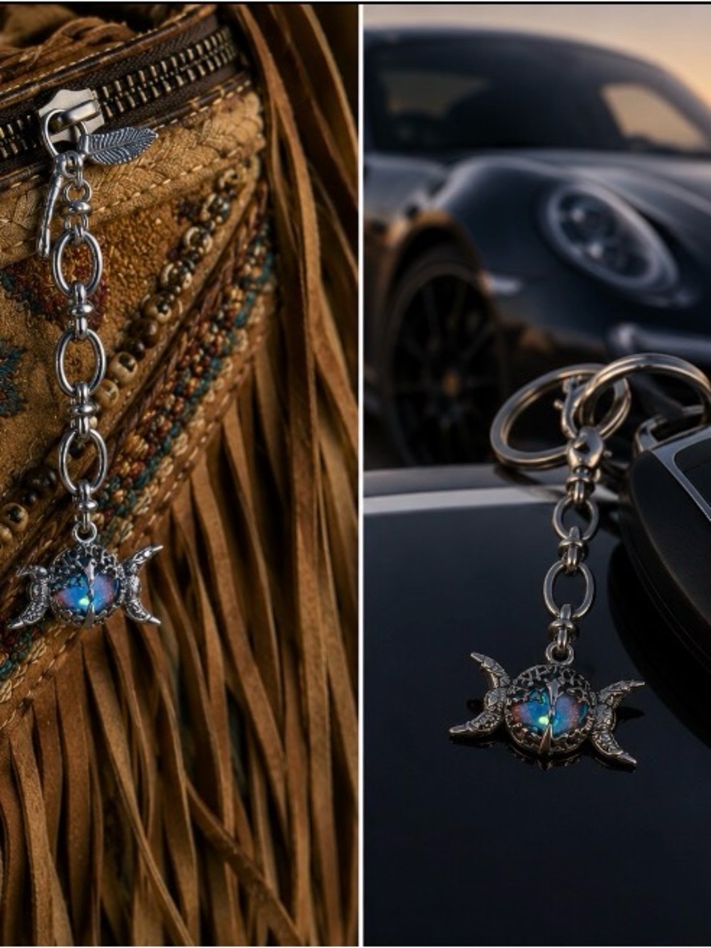 Hand Crafted Stainless Steel Triple Moon Opal-Effect Keychain Charm